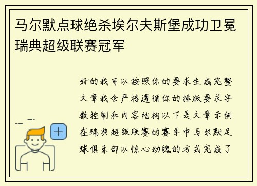 马尔默点球绝杀埃尔夫斯堡成功卫冕瑞典超级联赛冠军